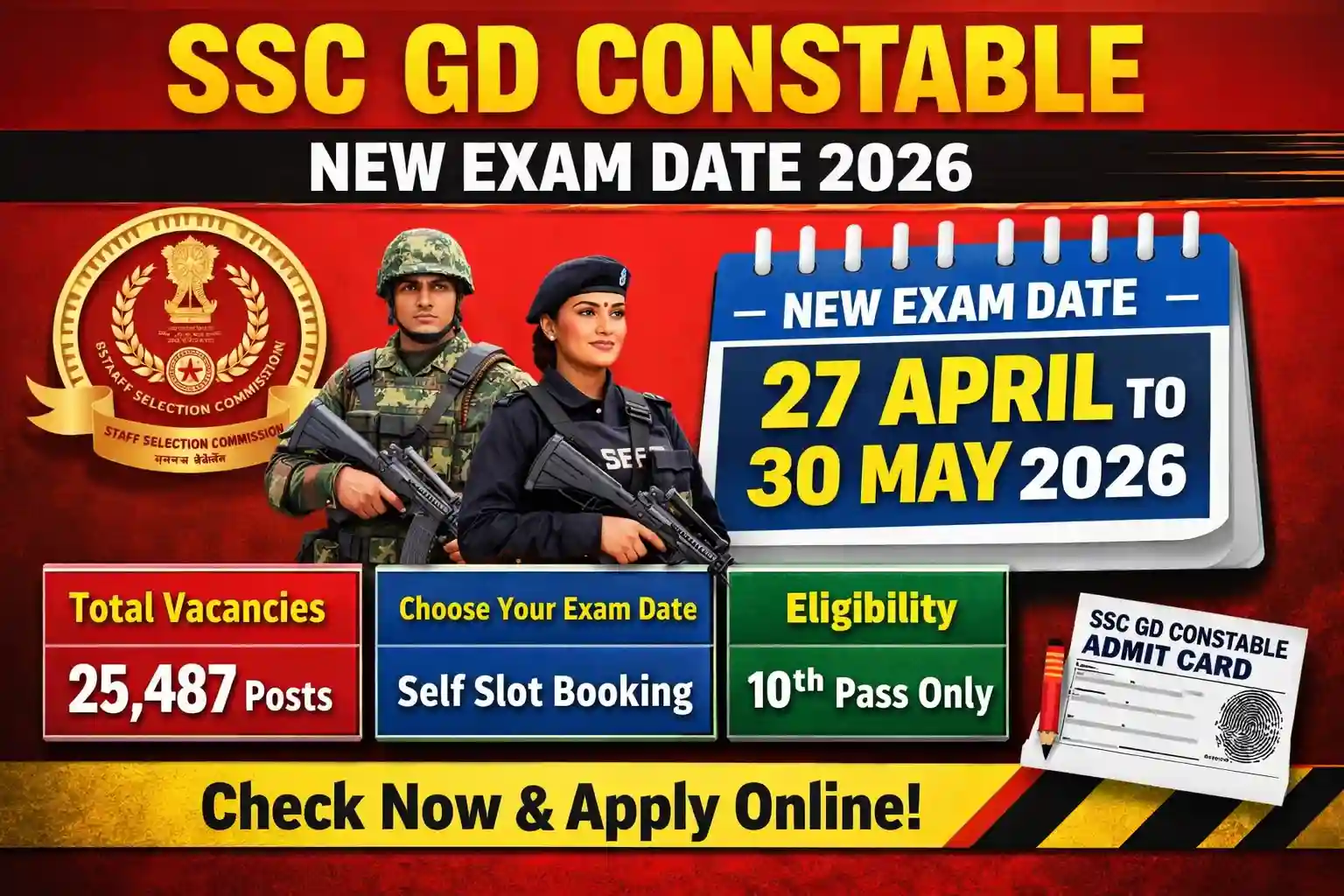 SSC GD Constable New Exam Date 2026 | Choose Exam Date for 25487 Post 1 SSC GD Constable New Exam Date 2026